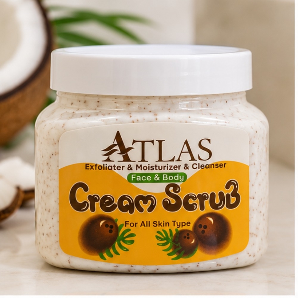 اسکراب کرمی اطلس مدل Coconut مناسب انواع پوست صورت و بدن