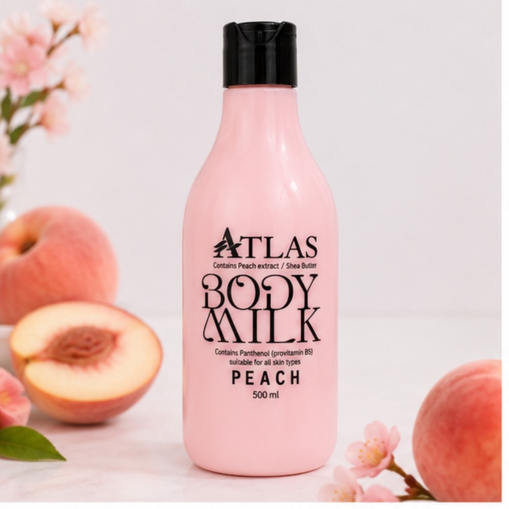 شیر بدن اطلس ATLAS Body Milk مدل Peach حاوی عصاره هلو و شی‌باتر، مناسب انواع پوست