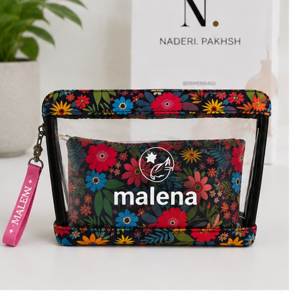 کیف لوازم آرایشی مالنا (Malena) مدل Floral شفاف زیپ‌دار